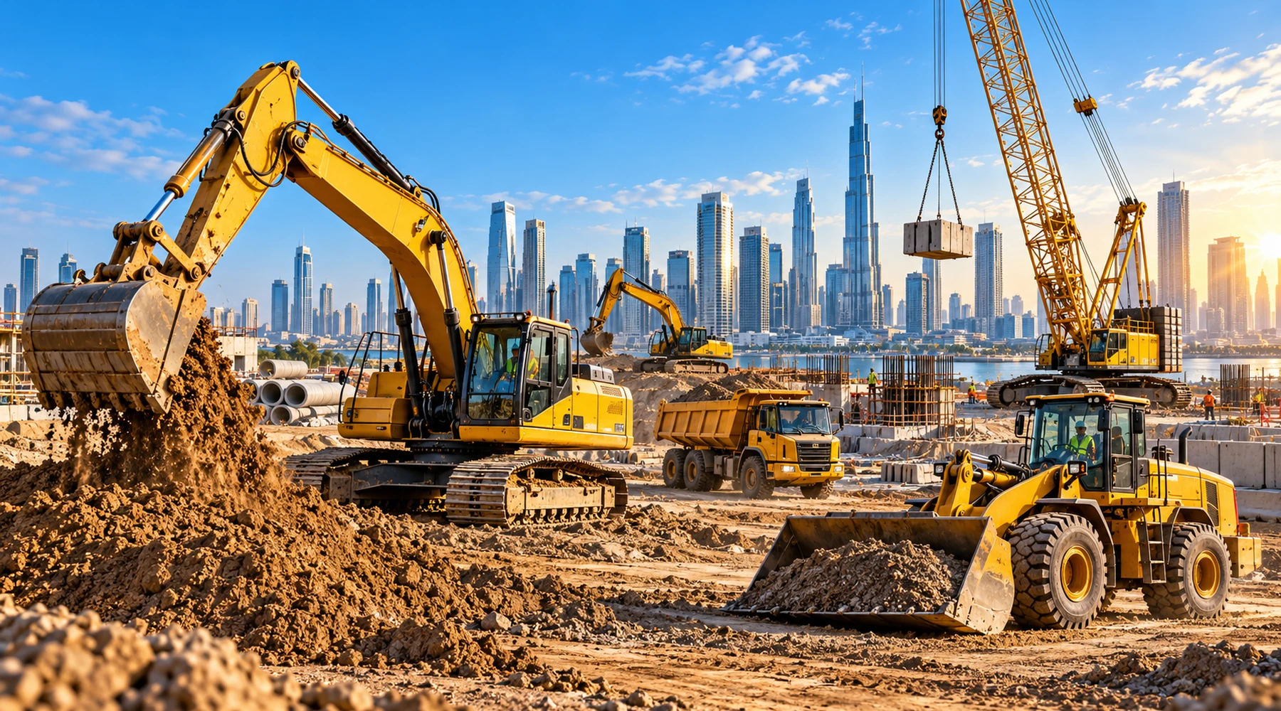 Premium heavy machinery and construction equipment on active project site